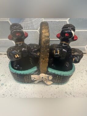 Vintage 1950s Poodle & Basket Salt & Pepper Shakers. Japan Redware.